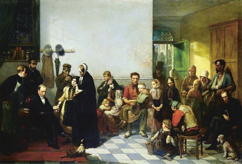 The doctor and the poor (olieverf). J.Leonard (1827-1879)