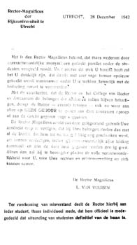 Brief Rector Magnificus van de Rijksuniversiteit te Utrecht - 28 december 2942