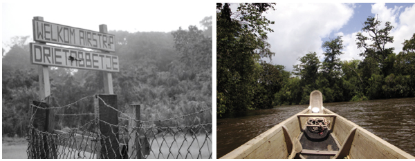 Drietabbetje, het dorp in het binnenland van Suriname waar de goudzoeker vandaan kwam en (rechts) een Marronkajak. Beeld: auteur