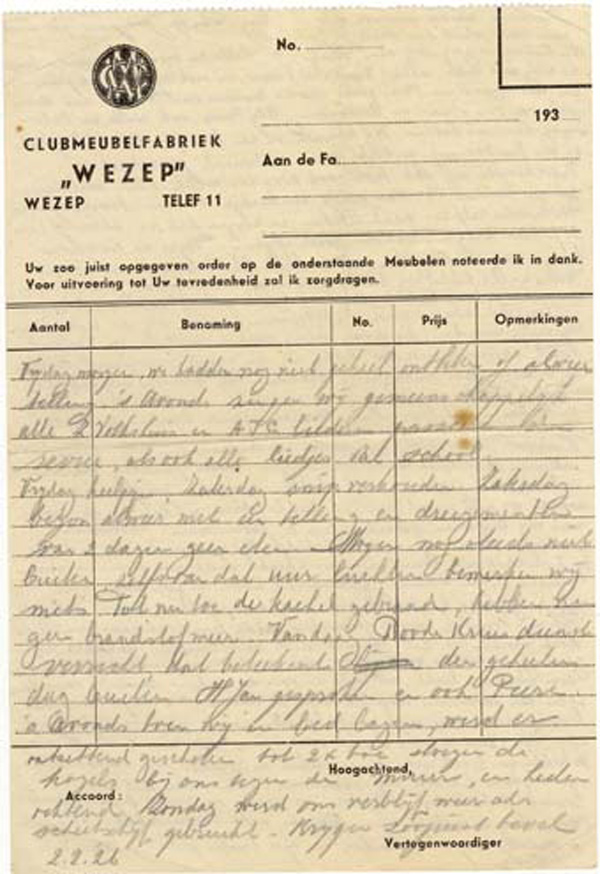 5.  Gesmokkelde brief die is geschreven door een gevangengenomen Nederlandse arts uit Tilburg die in kamp Wezep mensen moest keuren voor de dwangarbeid.
