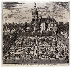 De hortus botanicus en het academiegebouw van de Leidse universiteit. Gravure, 1712.