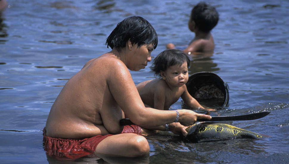 Franck Socha | HH. Een Yanomami vrouw met haar kind maakt eten klaar in de Casiquiare-rivier in het Amazonegebied