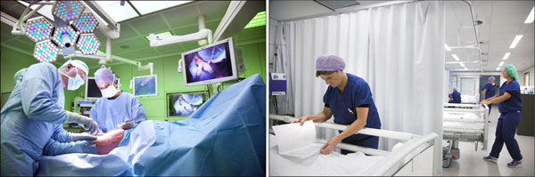 Links: Cor van der Hart voert een knieoperatie uit. ‘We heropereren heel wat moeilijke patiënten.; rechts: De verkoeverafdeling telt twaalf bedden, waarvan twee met mediumcarefaciliteiten.