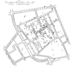 De originele kaart gemaakt door dr. John Snow laat zien waar gevallen van cholera plaatsvonden tijdens de Londense epidemie van 1854, in relatie tot de waterpompen (kruisjes). beeld: Wikipedia
