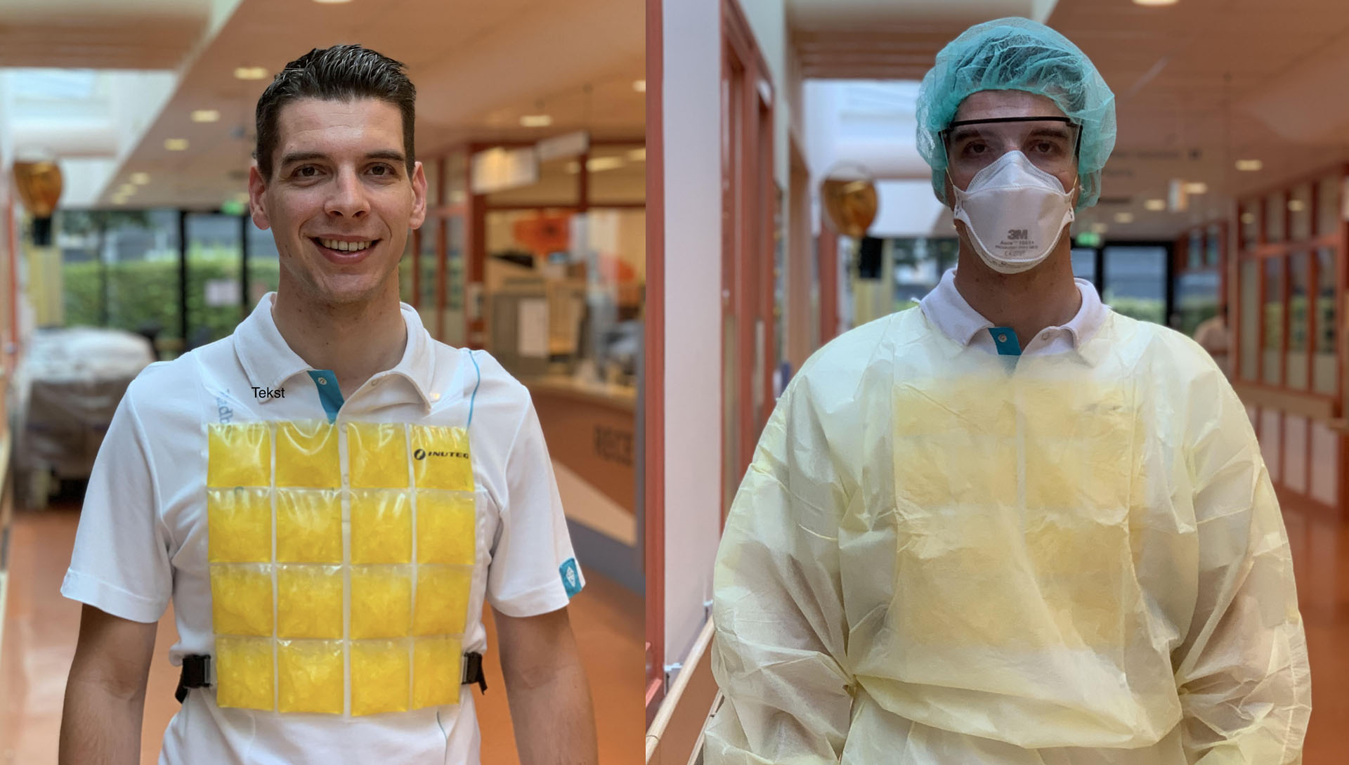Yannick de Korte - Het koelvest kan over de normale werkkleding worden gedragen (links) of onder de beschermende pakken die tijdens de pandemie nodig waren (rechts).