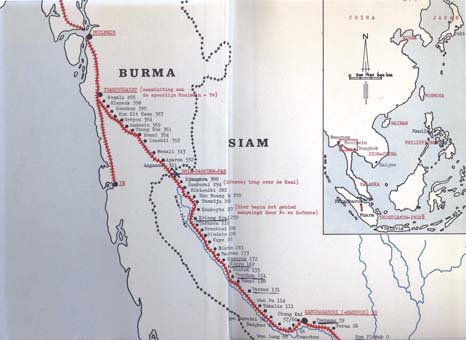 De route van de Birma­spoorlijn; Brouwer verbleef in de onderstreepte kampen.