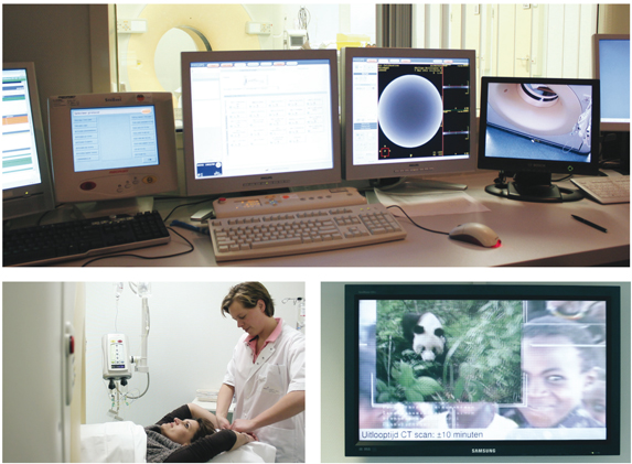Boven: de controlekamer van de twee CT-scans; linksonder: een radiologisch laborante dient een contrastvloeistof toe aan een patiënte; rechtsonder: op een tv in de wachtkamer kunnen patiënten zien wanneer ze aan de beurt zijn. Beeld: RosaMedia