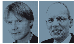 Hoogleraren Jeroen Bax (links) en Eric Boersma (rechts), volgens Poldermans respectievelijk ‘de creatieve kracht’ en ‘het geweten’ achter zijn onderzoek.