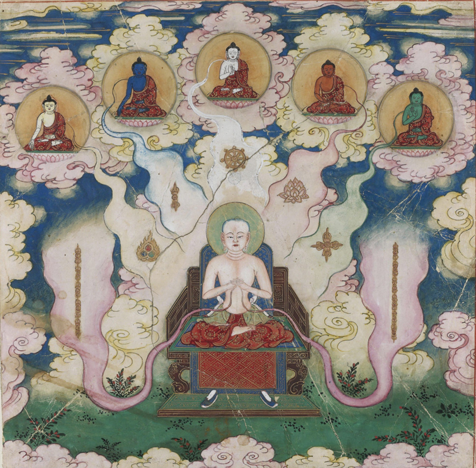 Een van de 54 schilderingen waarin stap voor stap het meditatieritueel wordt uitgelegd. Hier visualiseert de mediterende de vijf boeddha’s en hun symbolen.