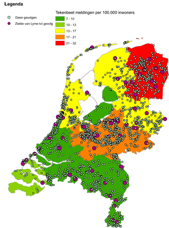 Locaties via Tekenradar.nl gemelde tekenbeten en aantal tekenbeten per provincie per 100.000 inwoners