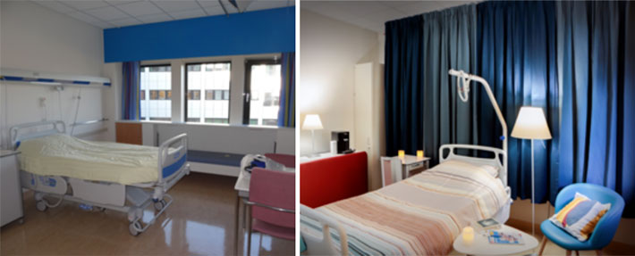 Links: een standaardziekenhuiskamer. Rechts: Na installatie van de hospice care unit. De bedbalk is door middel van gordijnen aan het zicht onttrokken. 