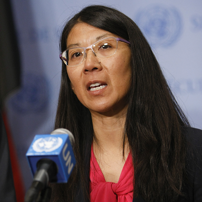 Joanne Liu spreekt de Verenigde Naties toe.
