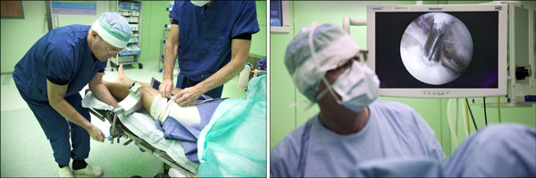 Links: Met het oog op patiëntveiligheid positioneert Van der Hart zelf; rechts: Maarten van der List voert een endoscopische schouderoperatie uit.